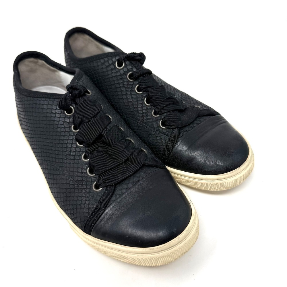 Lanvin Black Snakeskin Embossed Leather Low Top Sneakers Grosgrain Laces EU 36